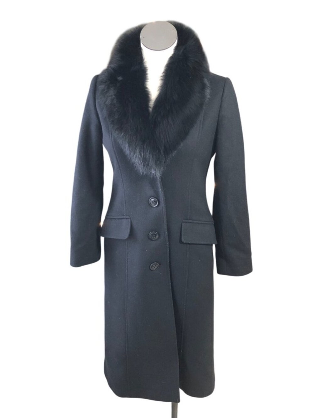 Sachi Coat Long Black Wool Cashmere Womens 2P Fox Fur Button Elegant Seams